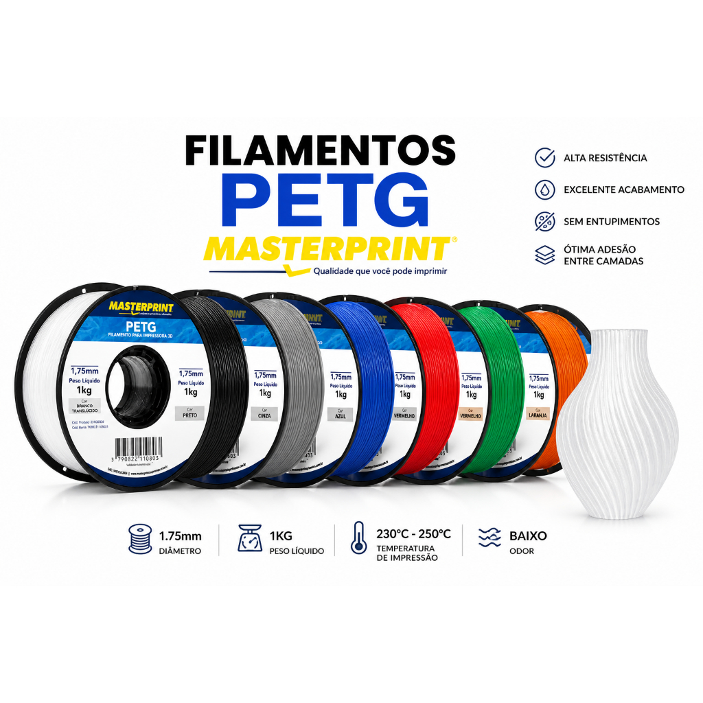 Filamento PETG 1KG 1.75mm Masterprint Alta Resistência Impressora 3D Diversas Cores