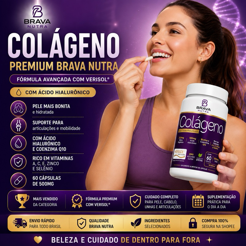 Colágeno Hidrolisado + Ácido Hialurônico e Biotina Brava Nutra | 60 Cápsulas | Envio Imediato