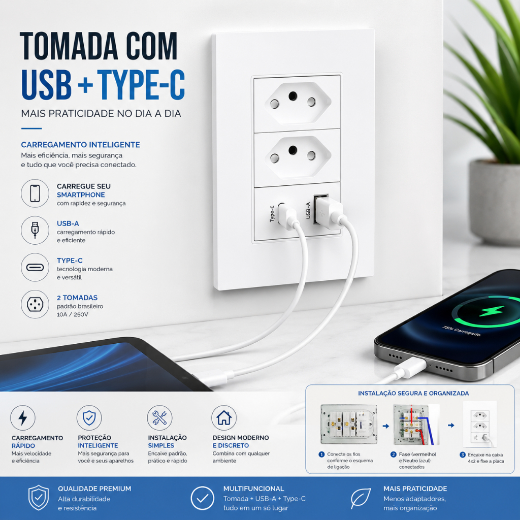 Tomada de Parede Dupla Com Entrada Usb e tipo C 5V Bivolt 4/1 Carregamento Rápido Multi Carregamento