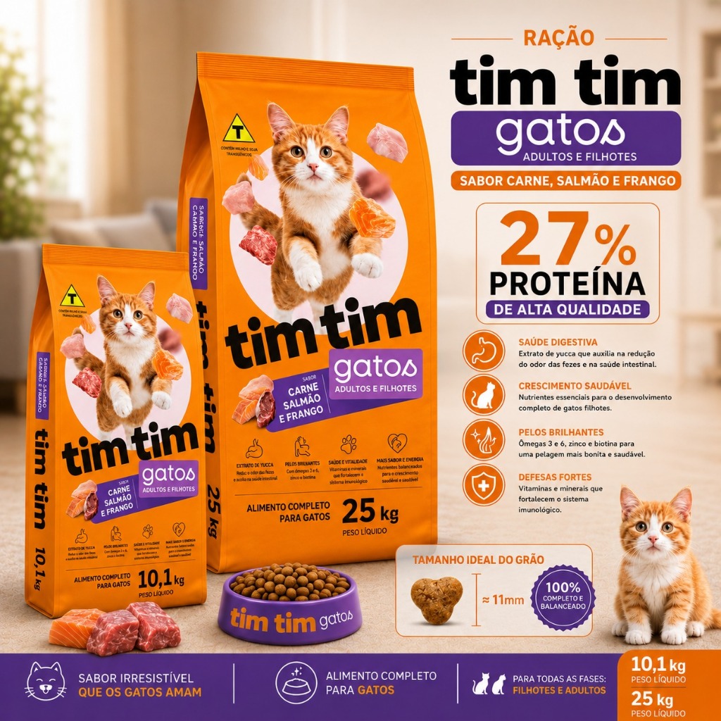 Ração Gato Filhote Adulto 25kg ou 10kg Tim Tim Cat Premium Sabor Salmão Carne Frango 27% Proteína