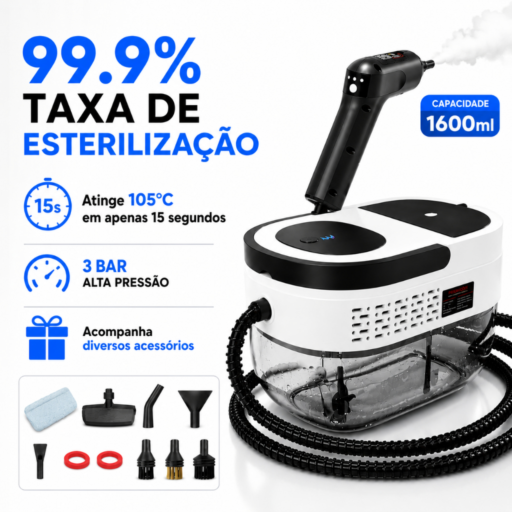 Limpador a Vapor De Alta Temperatura 110V/220V Portátil Kit 9 Acessórios 1600ml - 2500W Máquina de Limpeza para Cozinha