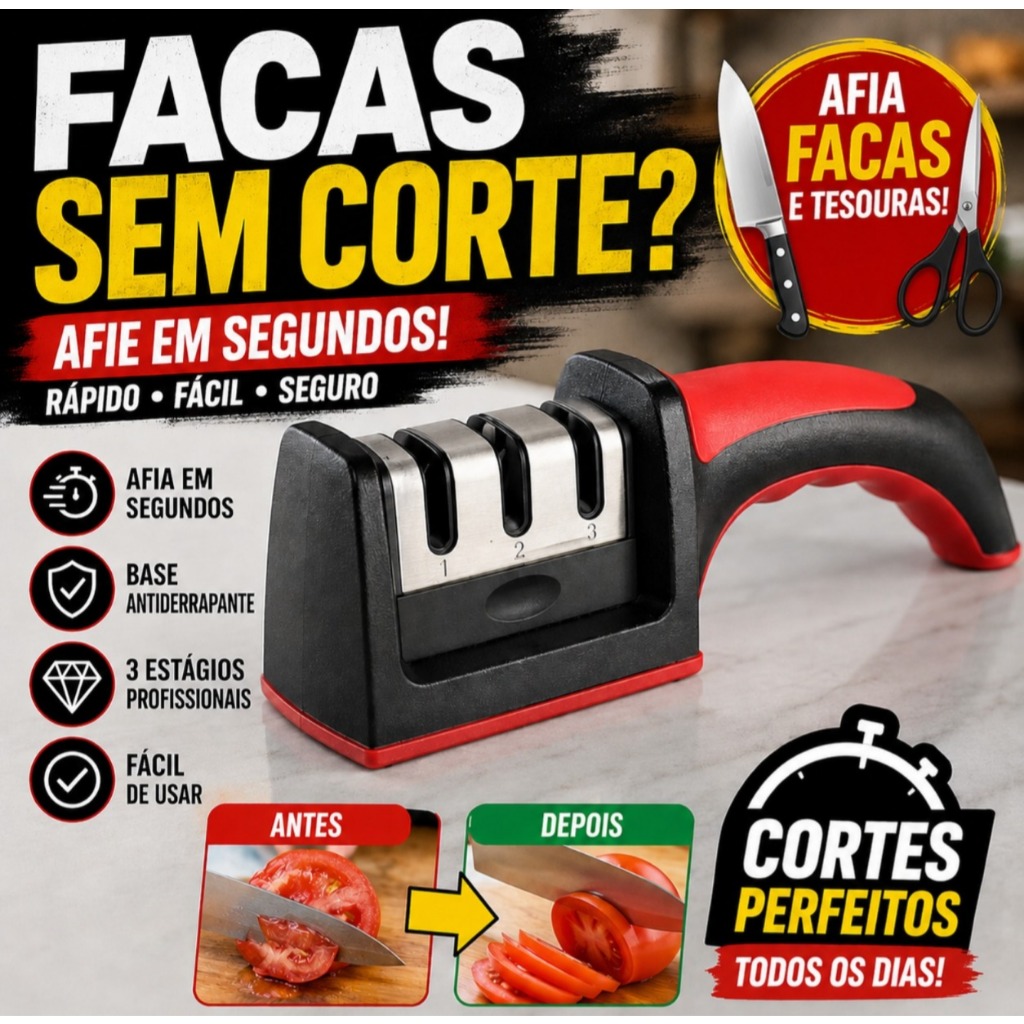 Amolador de Facas Profissional 3 em 1 Afiador Manual para Facas e Tesouras