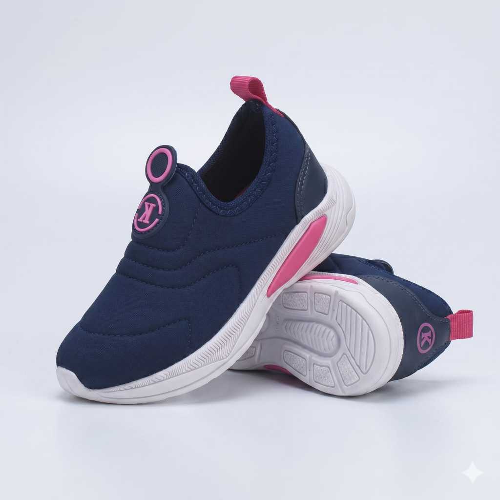 Kidstep Tenis Escolar Infantil Calce Fácil K Feminino Bordado Marinho com Pink