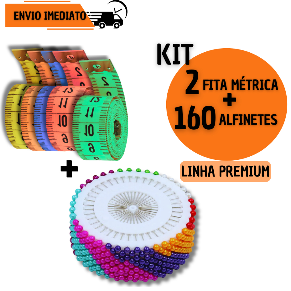 Kit 2 Fitas Métrica Flexível + 160 Alfinetes Coloridos Costura Profissional Alta Precisão