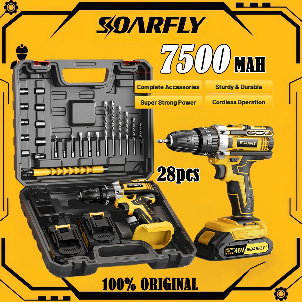 SOARFLY Parafusadeira Furadeira 48V 2 Baterias Com Maleta e Acessórios Completo 28pcs 220V/110V