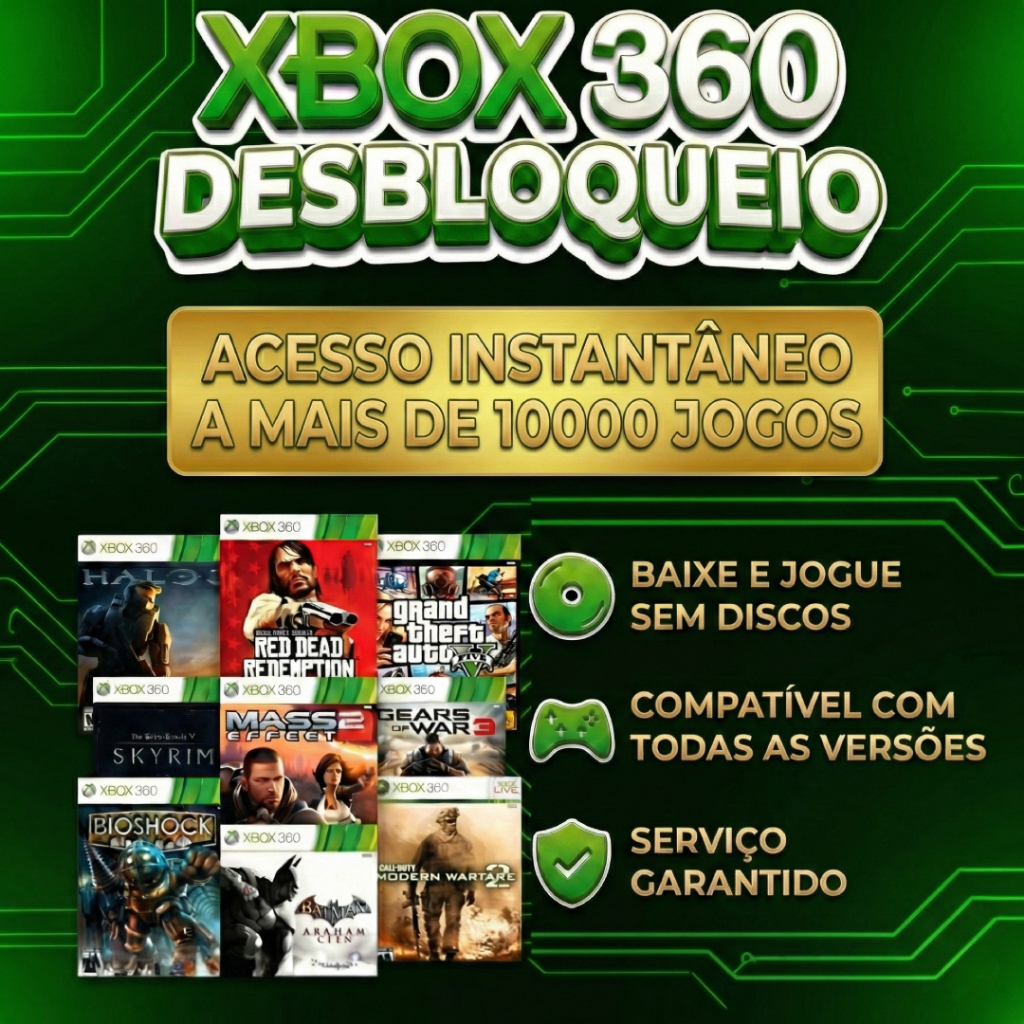 Desbloqueio Automático Xbox 360 | Pack Instalado + Catálogo de 10.000 Jogos e Emuladores