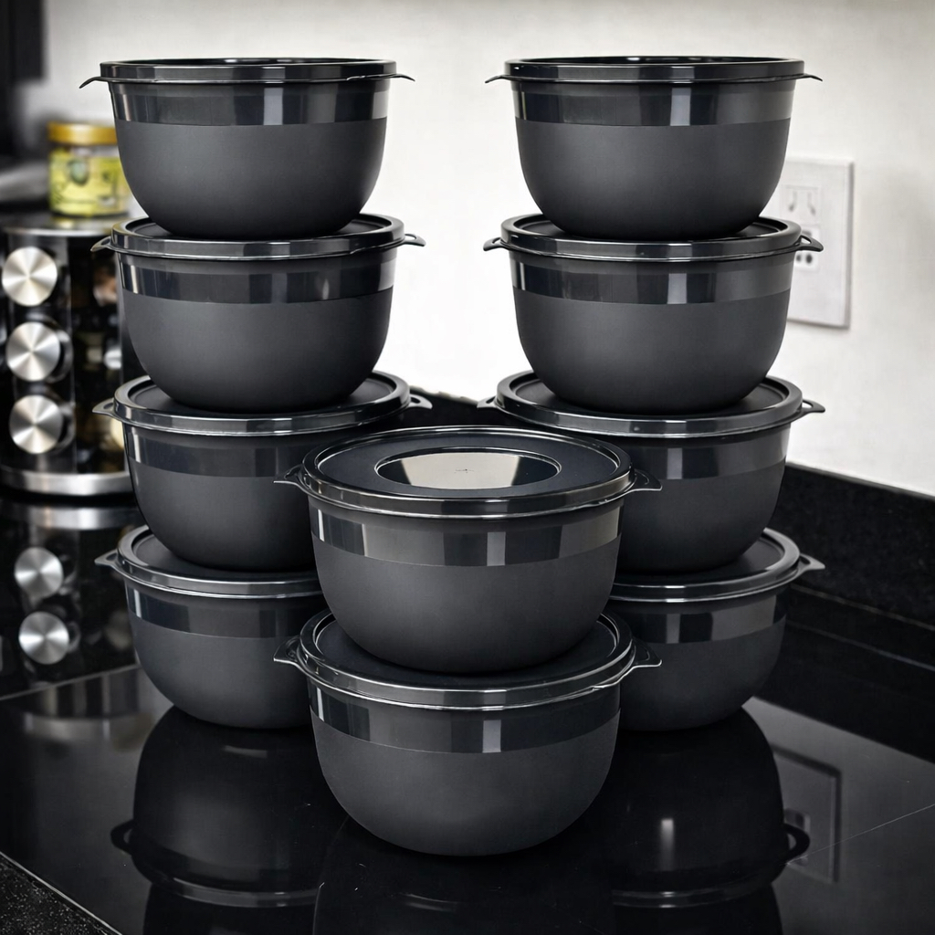 Kit 10 Bowl Preto 1300ml com Tampa Potes GL MIX - Reforçados Cozinha Alimentos e Marmitas Congelador