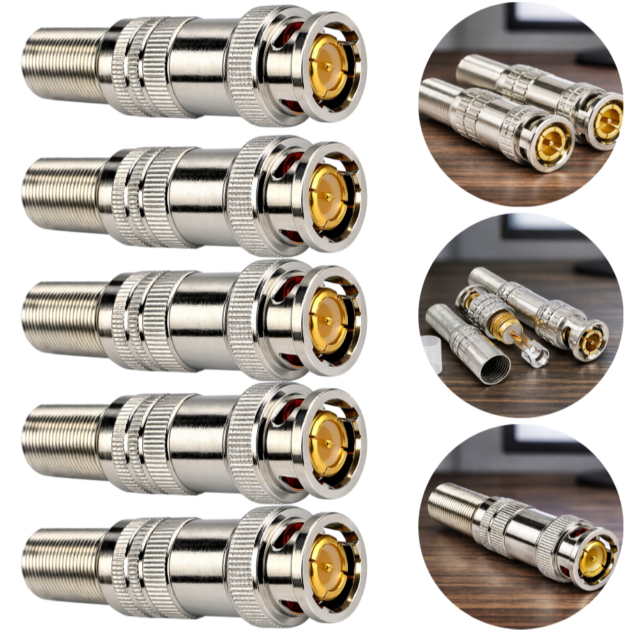 Kit 5 Conector Bnc Com Mola Parafuso 6mm Gold Camera Cftv Dvr