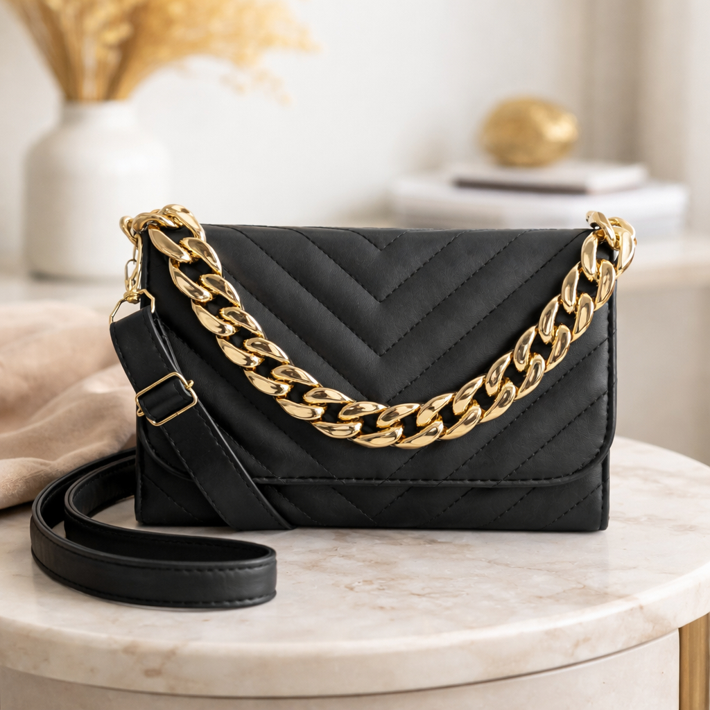 Bolsa Clutch com Corrente Dourada e Alça Removível