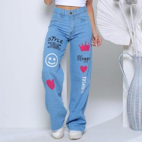 Calça Jeans Wide Leg Feminina Juvenil Menina Modelo Blogueira Moda Gringa Estampado Barra Desfiada