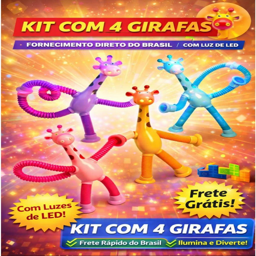 Kit 4 Girafas Sucção Pop Tube Luz Led com Ventosa Estica Brinquedo Infantil Anti Stress Dute Toy