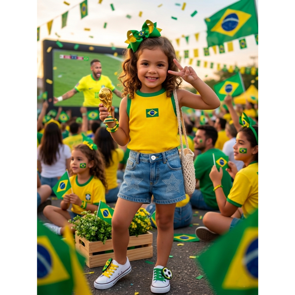 Regata canelada infantil feminina brasil copa Moda menina estilosa roupa bordada