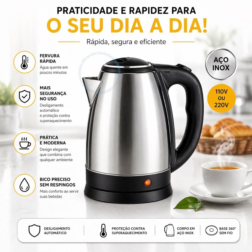Chaleira Elétrica Inox 1,8L Potente Aquecimento Rápido com Auto Desligamento Cafeteira Chá 110v 220v