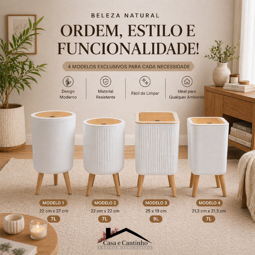 Lixeira De Plástico 9/8 Litros Branca Com Pés De Bambu Tampa Click De Pressão Para Cozinha Banheiro