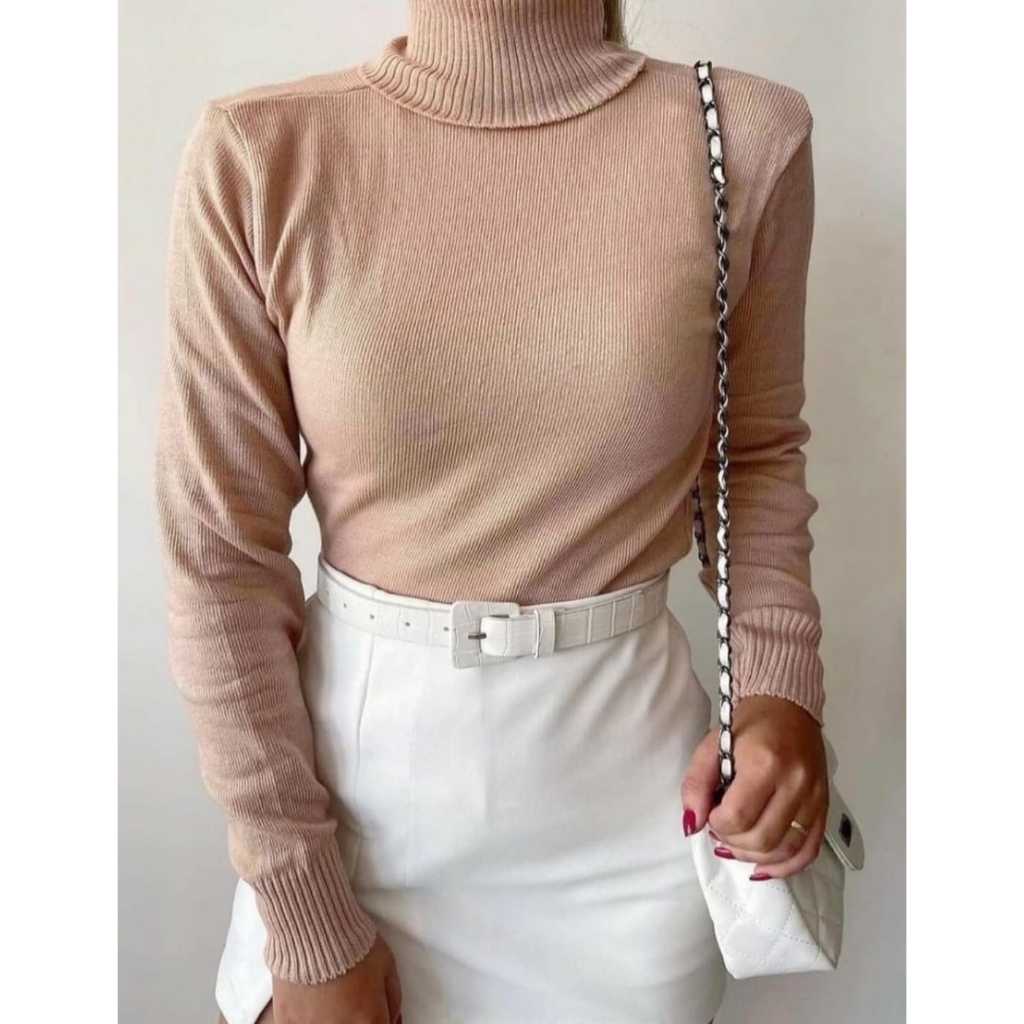 Blusa Feminina Gola Alta Manga Longa Elegante Básica para Inverno