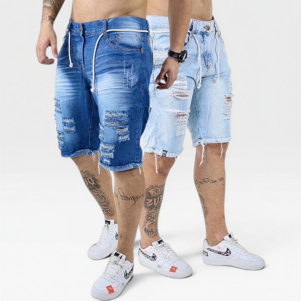 Kit 2 Bermudas jeans Moda masculina jeans De Ótima Qualidade Modelo Rasgada Premium