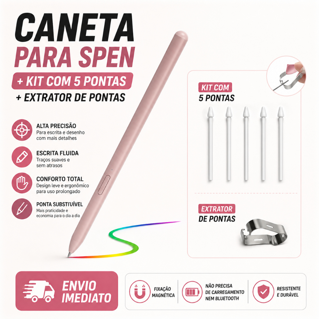 Caneta S Pen Genérica Rosa P/ Galaxy Tab S6 Lite S7 S8 S9 10 + Kit com 5 Pontas Extras e Extrator de Pontas