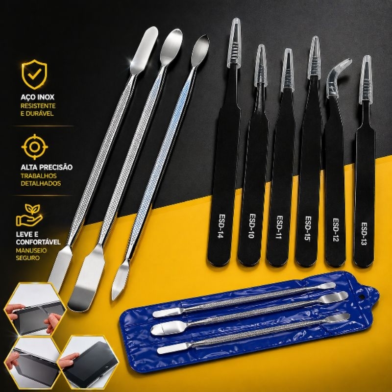 Kit Espátula De Aço + Pinças Antiestática Eletrônica Celular