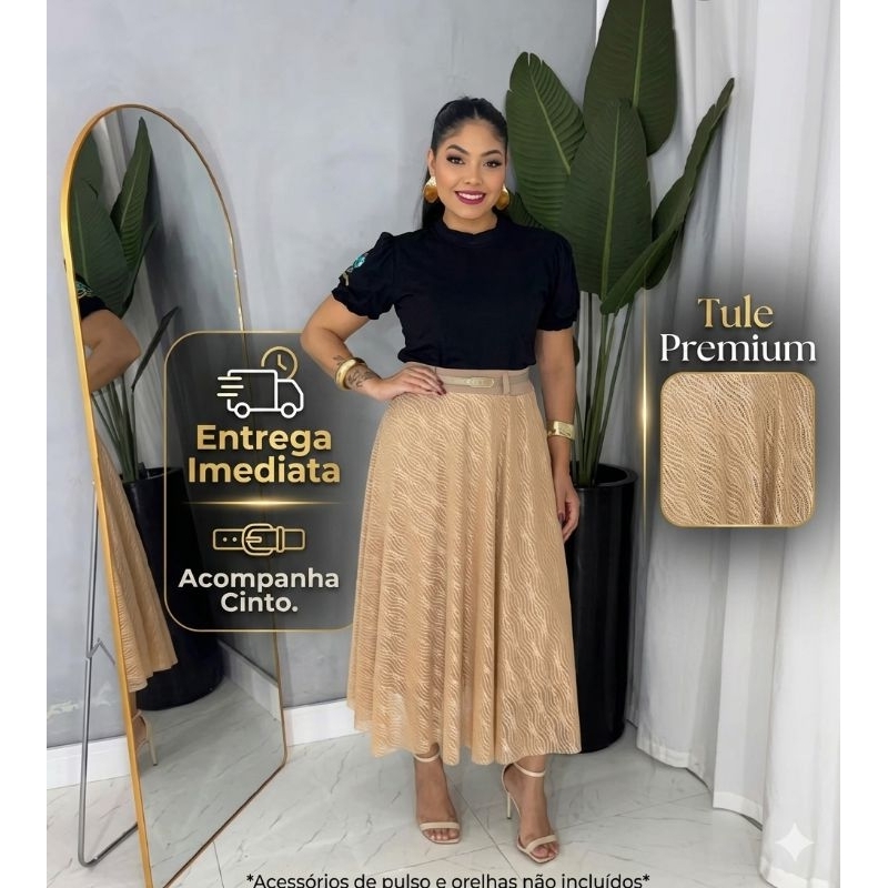 Saia Longa Moda Evangélica Forrada De Tule trabalhado Com Cinto Feminina