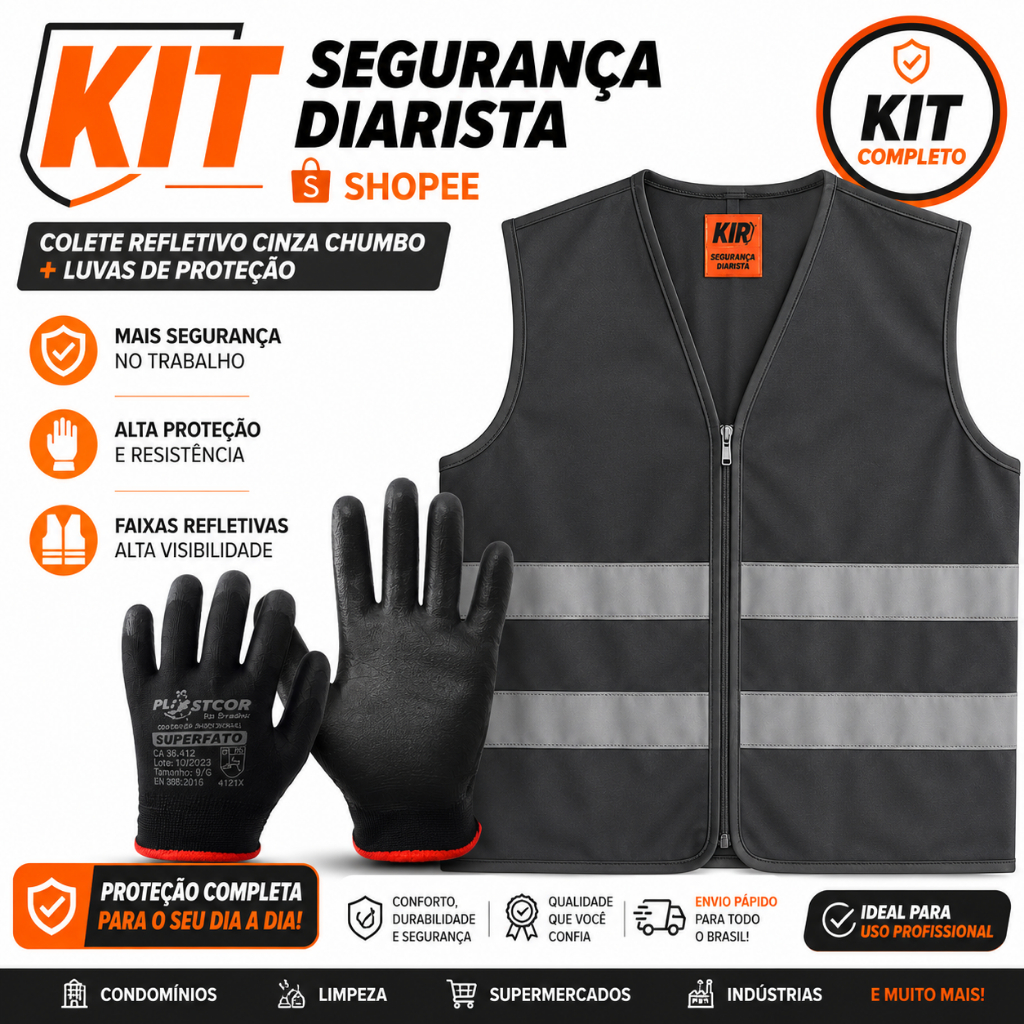 Colete Refletivo Ciniza Chumbo + Luva Pu Preta para diaristas Shopee