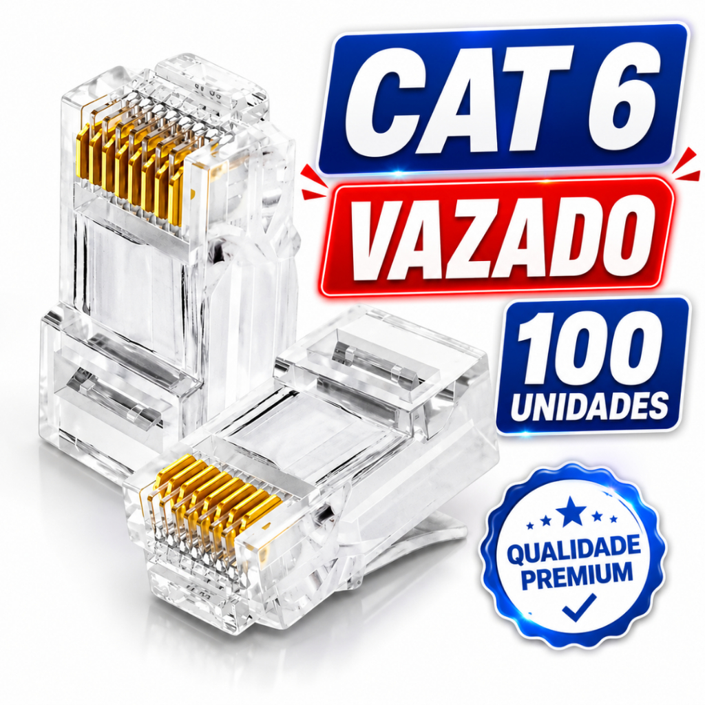 100 Conectores Rj45 Vazado Cat6 Macho Cabo Rede Lan Plug Rede