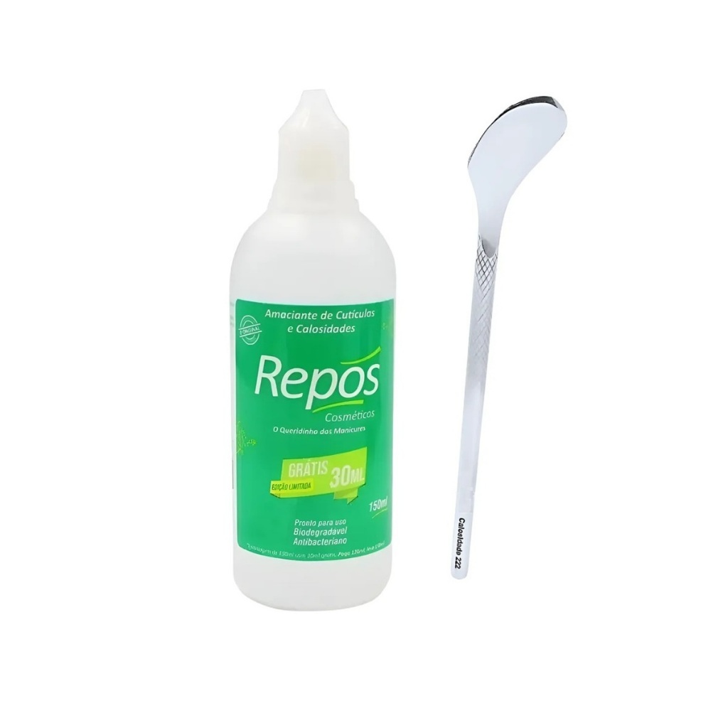 Amaciante de Cutículas e Calosidades 150ml Repos + Espátula Ref 222 em Aço Inox