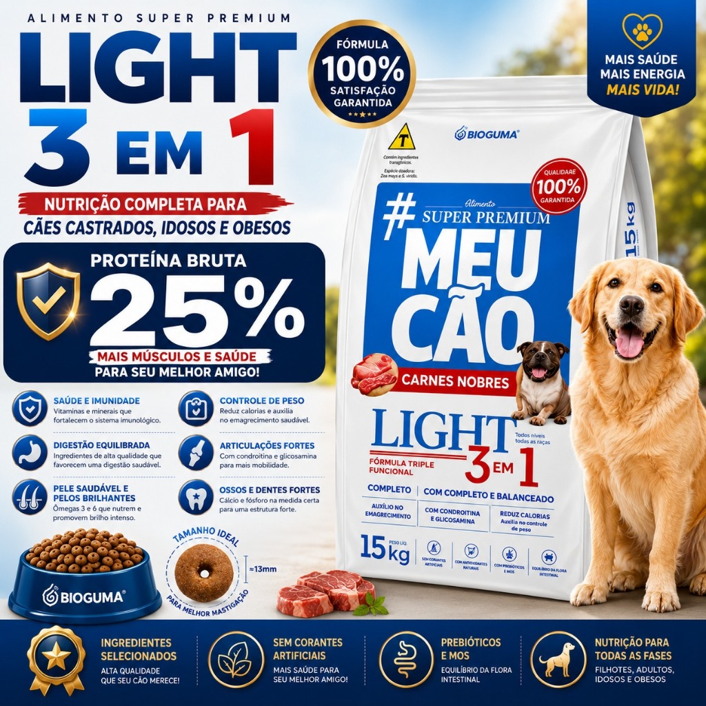Ração Meu Cão Prime Light 15kg 3 em 1 Castrado Idoso Obeso Super Premium Carnes Nobres