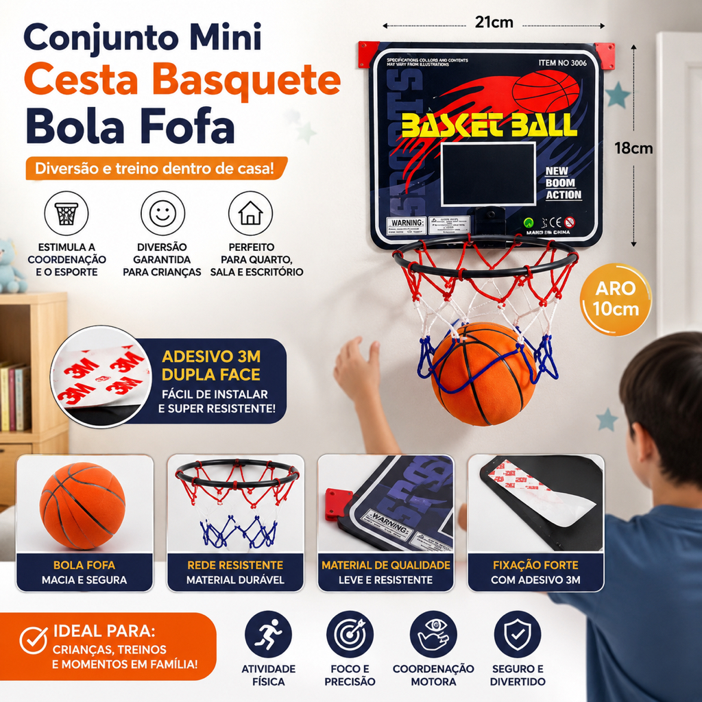 Conjunto Mini Cesta Basquete Bola Fofa Casa Treino Infantil 21x18cm Quarto Adesivo 3m Dupla Face Aro 10cm