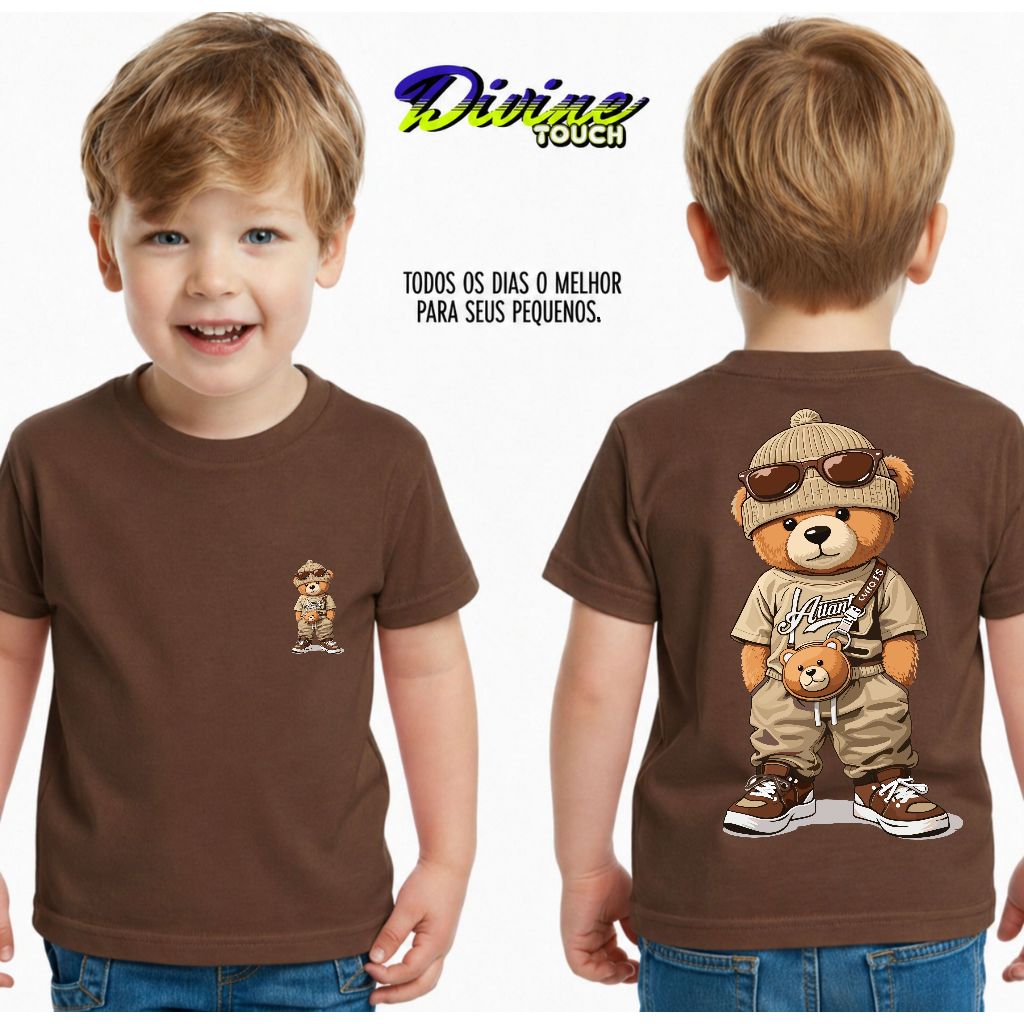 Camiseta Infantil Urso King Streetwear Malha 30.1 100% Algodão Camisa Juvenil Estilosa