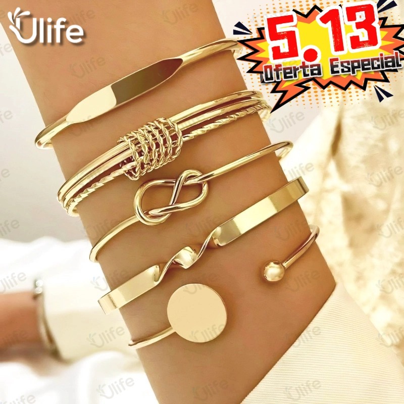 Conjunto De Pulseira De Torção Geométrica 5 Peças Para Mulheres Minimalista Empilhável Presente De Joias Da Sorte-UF