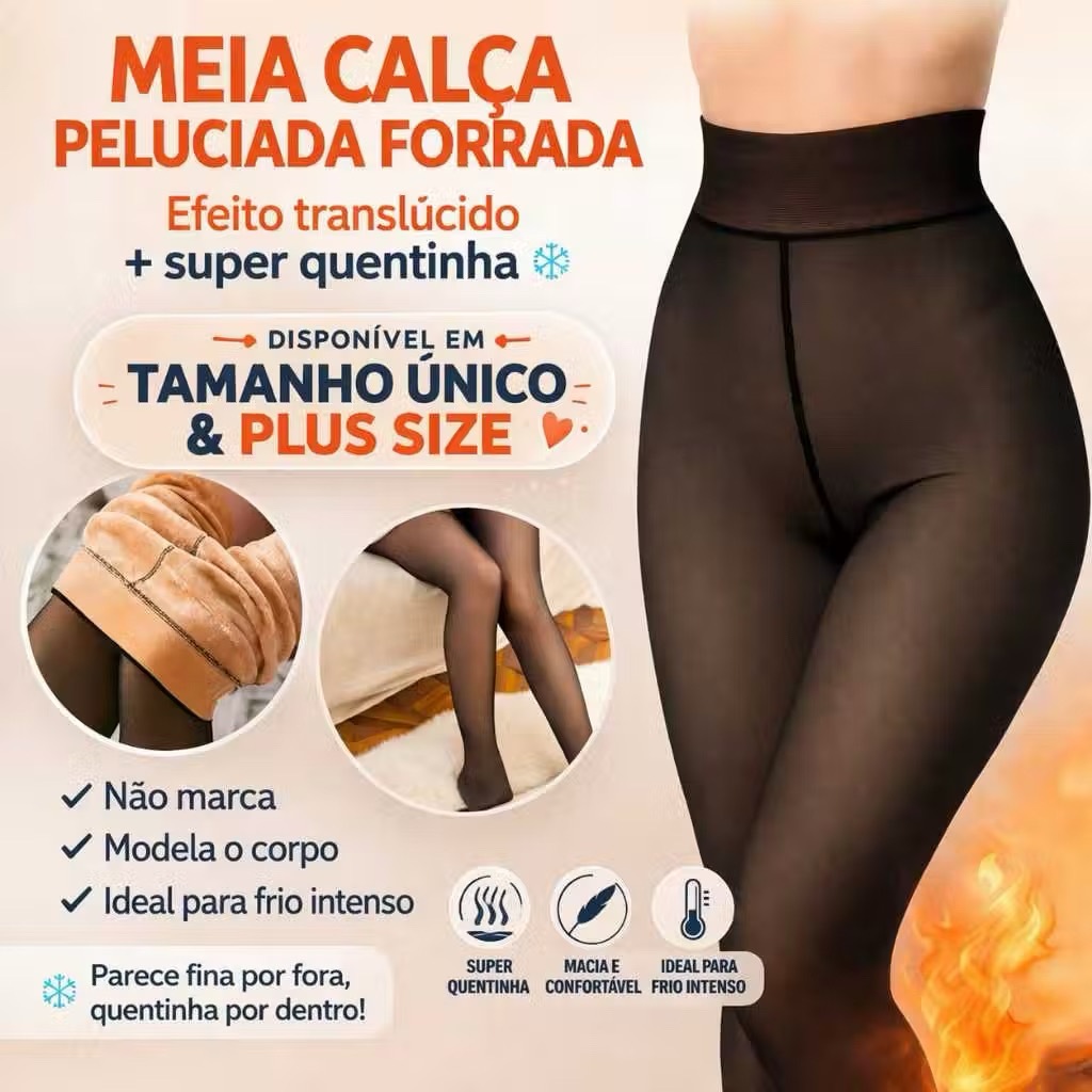 Meia-Calça Térmica Forrada Peluciada Translúcida de Lã Feminina Super Elástica Slim 220g