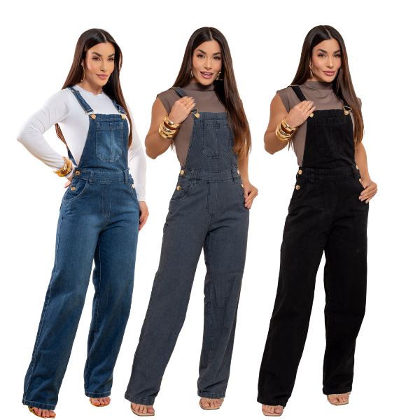 Jardineira Jeans Calça Cintura Alta Macacão Pantalona Wide leg