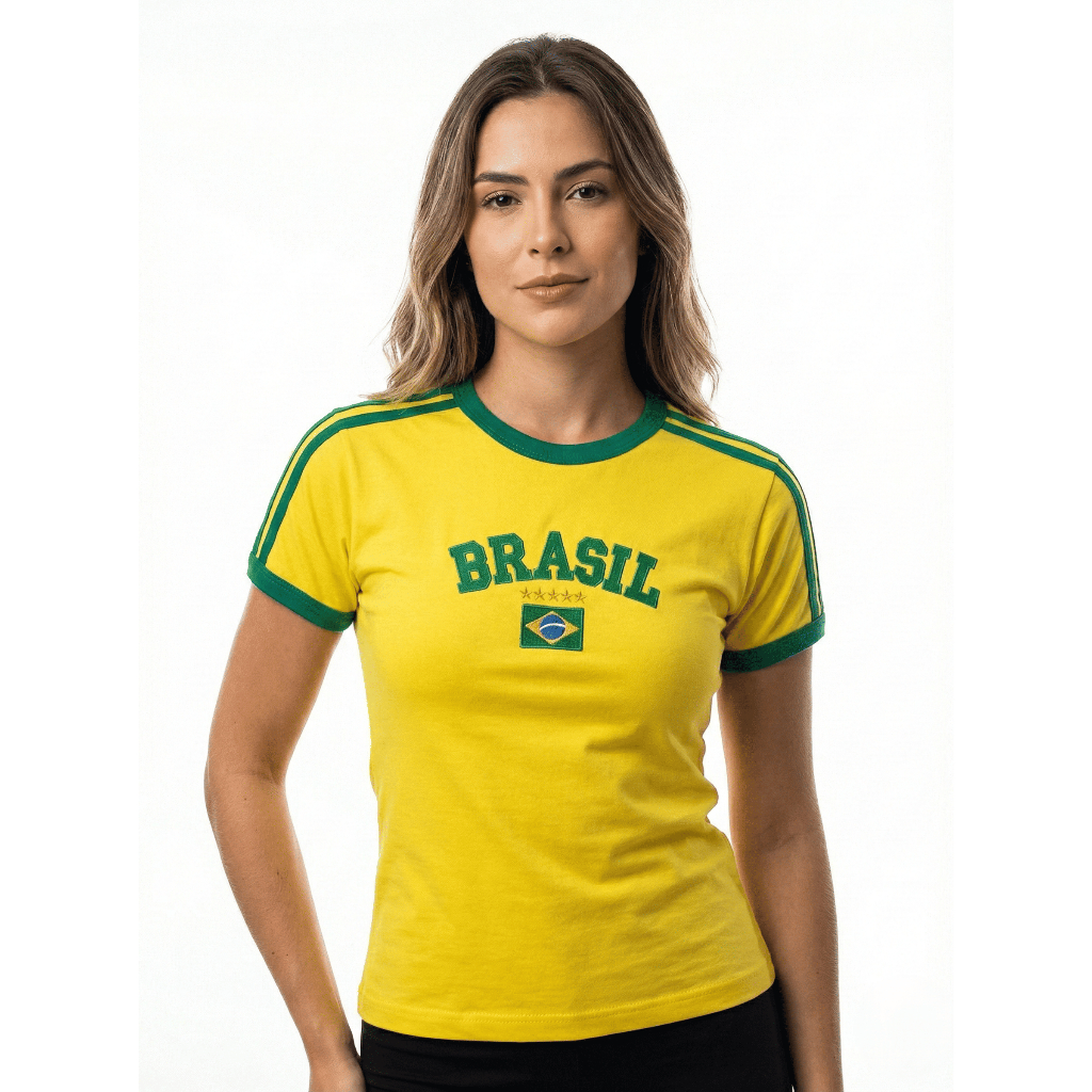 camisa do brasil feminina baby look bordada bandeira