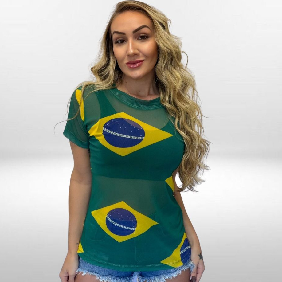 Blusa Do Brasil Feminina Tule Transparente Fitness Camiseta Copa Do Mundo