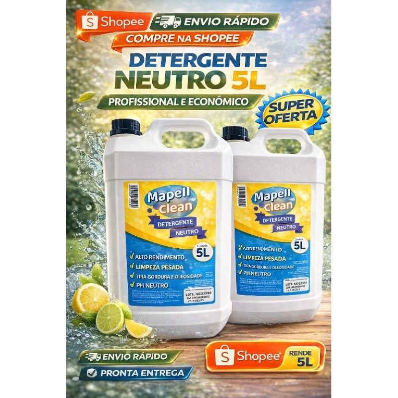 Detergente Neutro 10 Litros Mapell Clean – Kit 2x5L Lava Louças