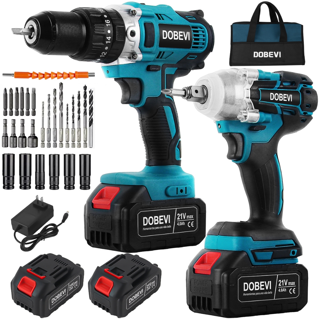 2 Peças Chave De Impacto + Parafusadeira Furadeira Com Baterias 21v