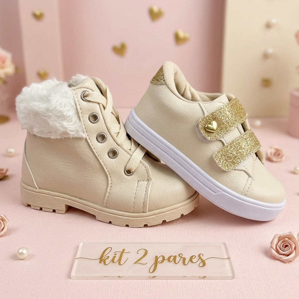 Kit 2 Pares Tênis Bota Menina Infantil Antiderrapante Confortável Casual Estiloso