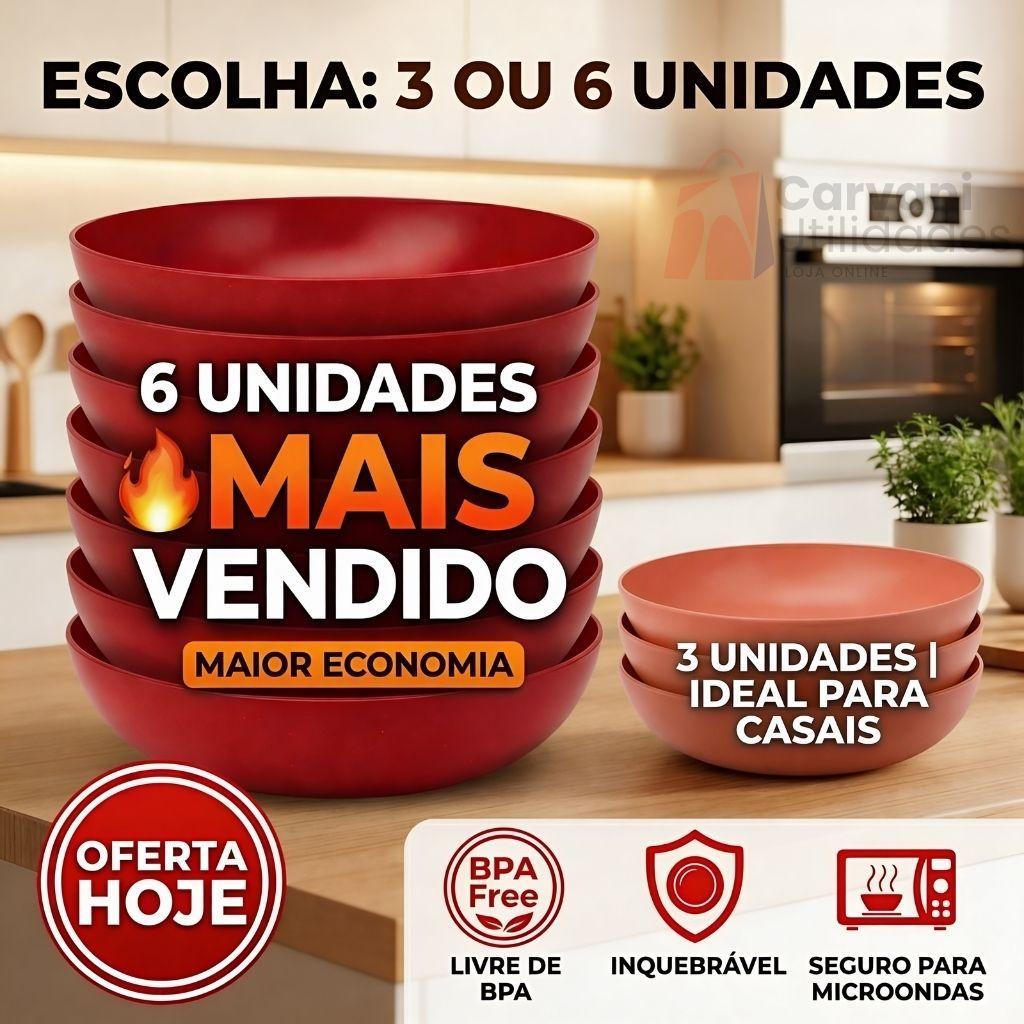 Prato Fundo 1200ml BPA Free | Plástico Resistente Microondas Lava-Louças | Kit 3 ou 6 Unid Coloridas