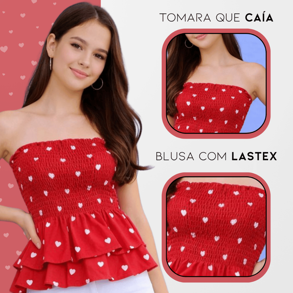 Blusa Juvenil Feminina Tomara que Caia Batinha Lastex com Babadinhos Confortável Estilosa Moda Verão