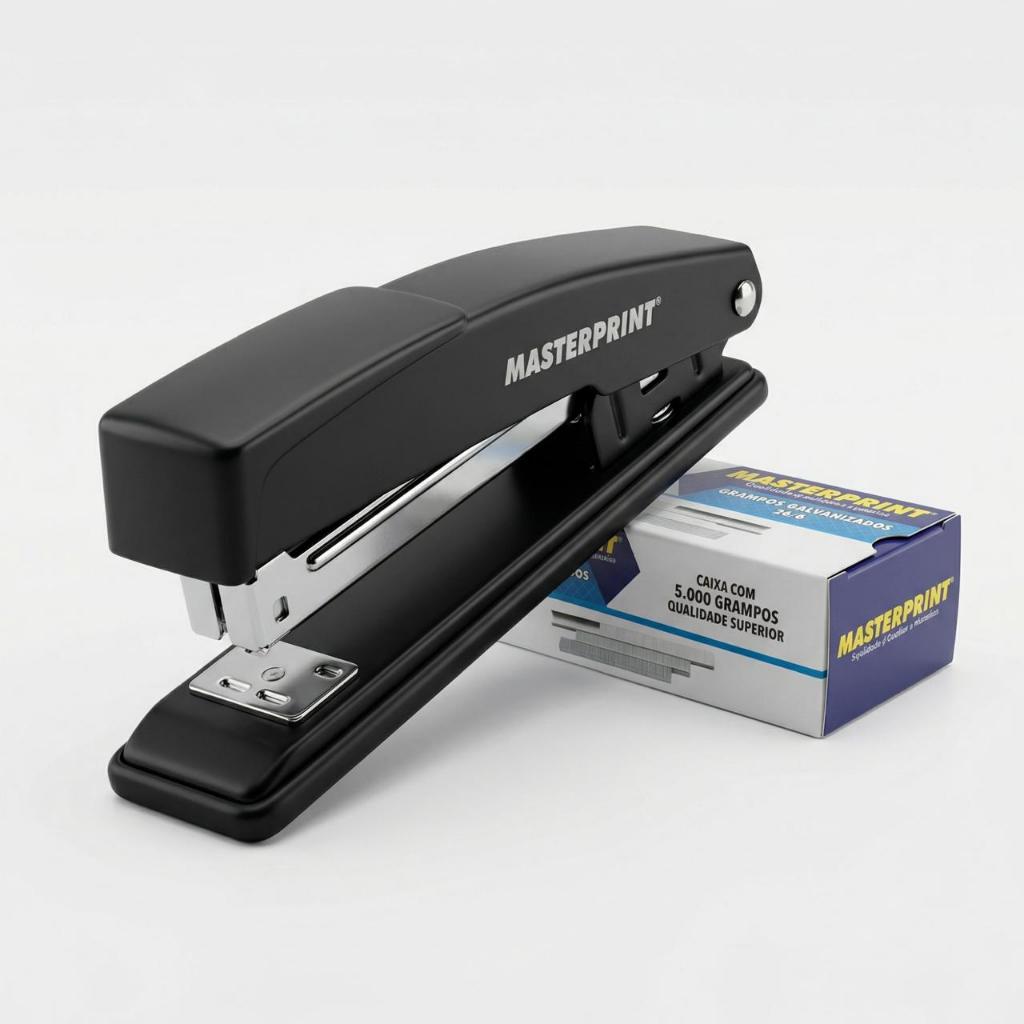 Kit Grampeador Metal Masterprint + Caixa de 5000 Grampos 26/6 Galvanizados Escolar Escritório
