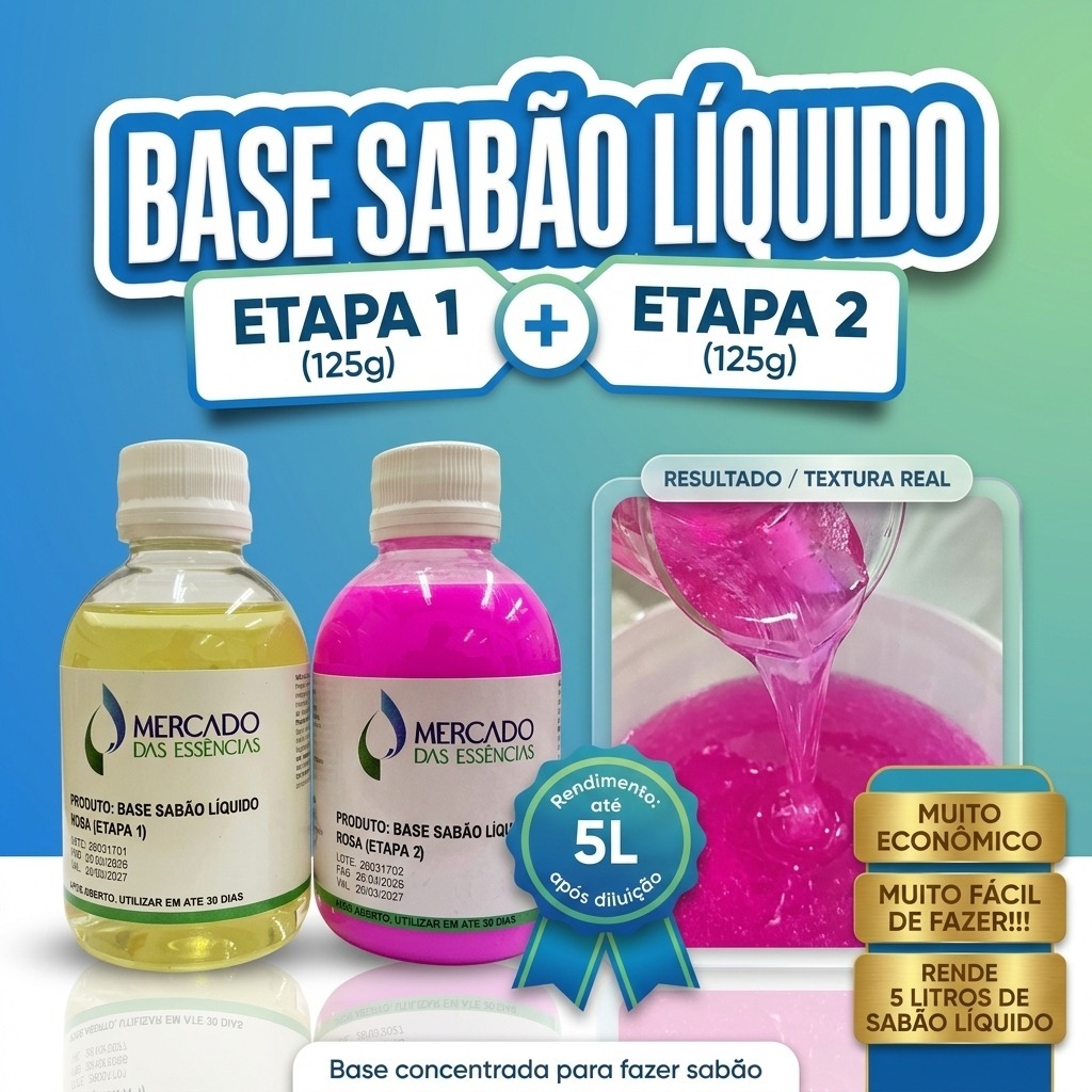 Base Sabão Líquido Faz 5L – Kit Blend Concentrado 2 Frascos – Fácil de Fazer