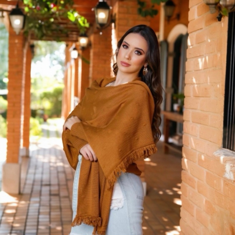 Capa Poncho Casual Tricot Feminino Franjas Manga Longa Outono Inverno Plus Size Blusa de Tricot