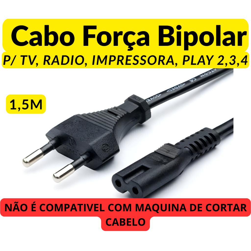 Cabo de Energia Força Bipolar Para TV, Impressora, Radio, PS2 PS3, PS4