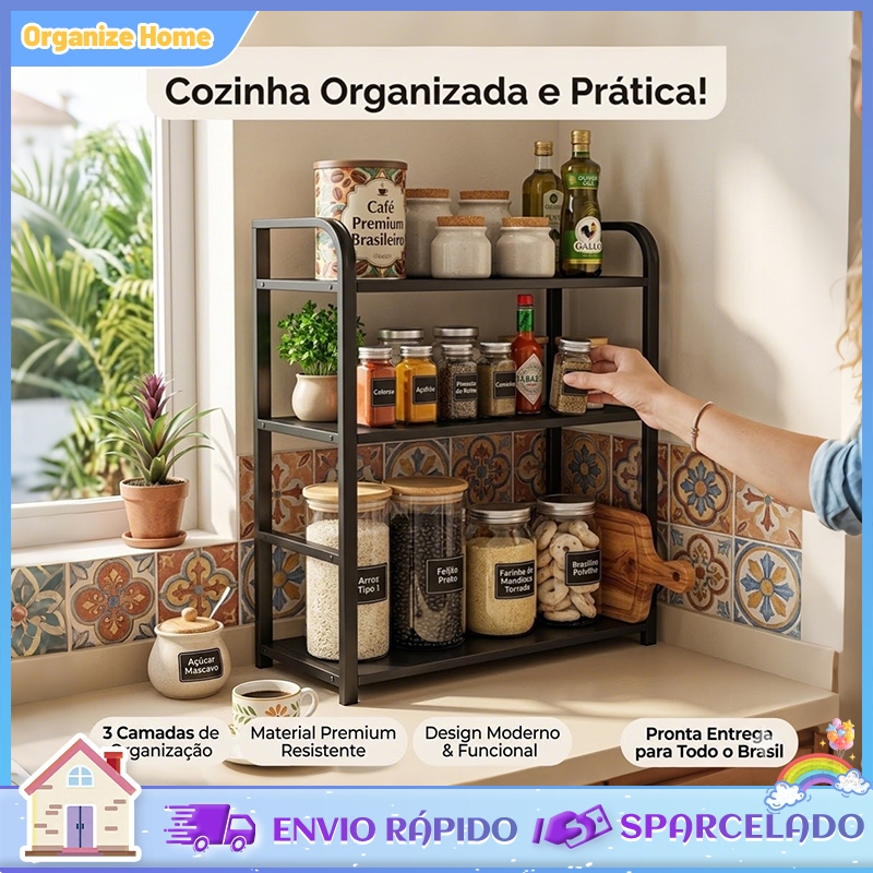prateleira organizadora Prateleira para condimentos prateleira de cozinha, estrutura de madeira +aço à prova de ferrugem