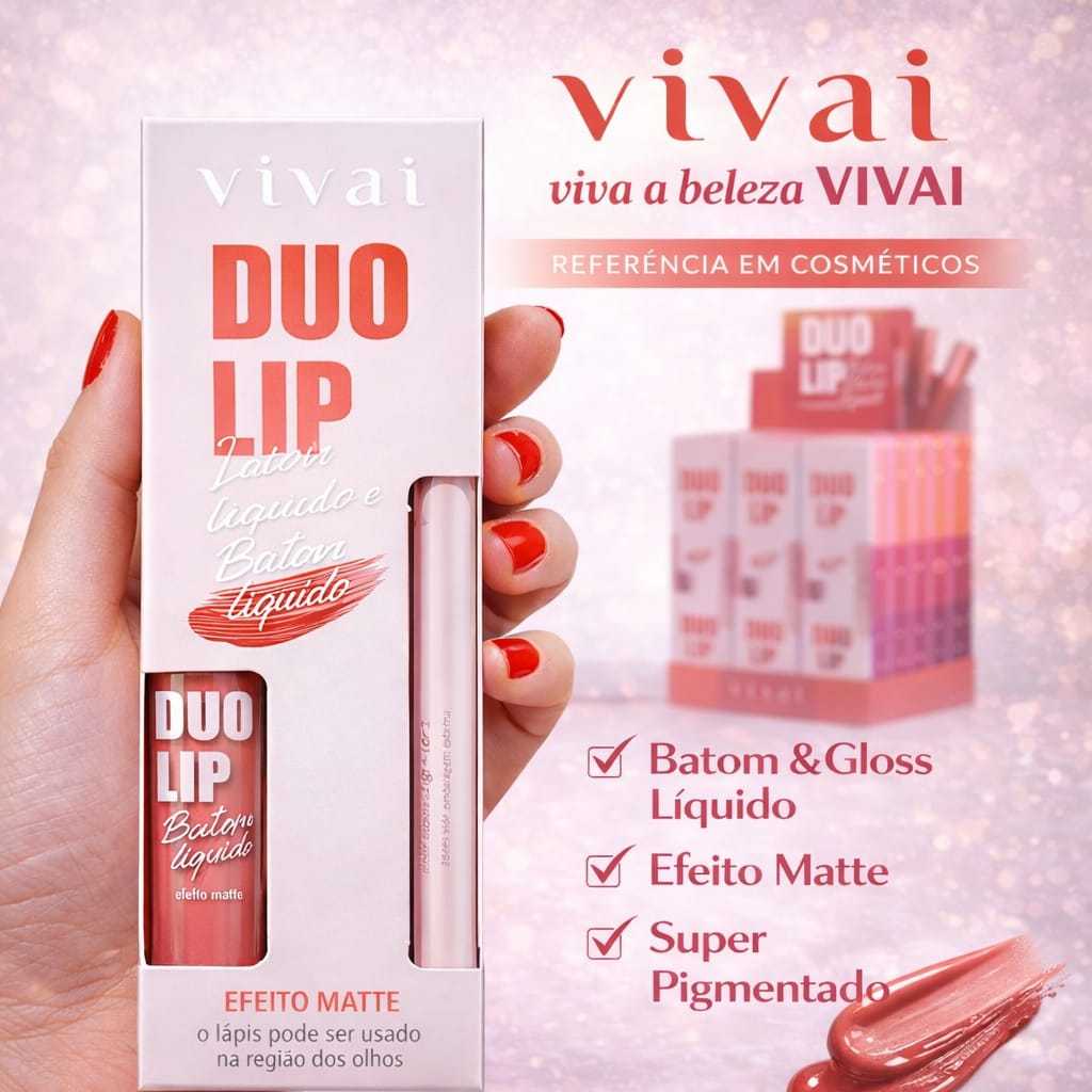 Duo Lip Vivai 2 em 1 Gloss + Lápis Contorno Labial Longa Duração
