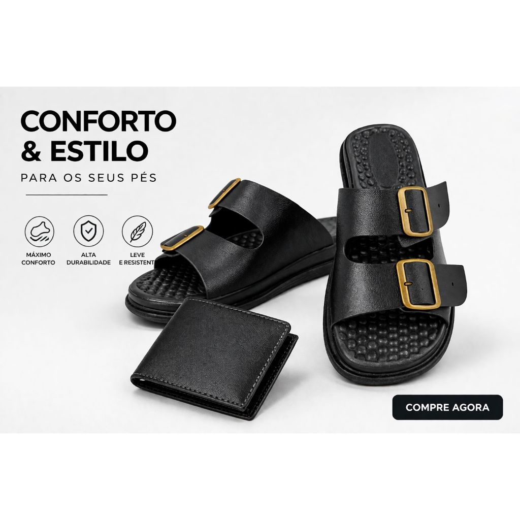 kit sandalia masculina confortavel + carteira couro sintetico premium ajustavel casual dia a dia antiderrapante promoçao