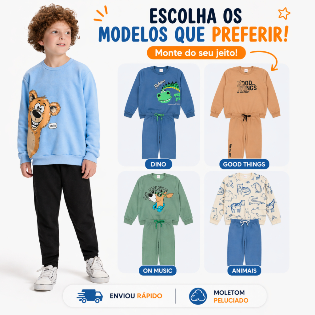 Conjunto Moletom Infantil Menino Inverno Peluciado 2 ao 10 anos