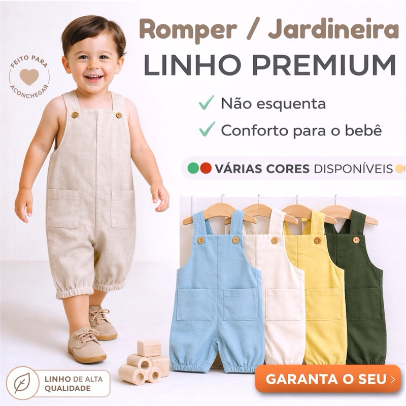 Romper Bebê Linho Premium Jardineira Infantil Leve Confortável Botões de Madeira