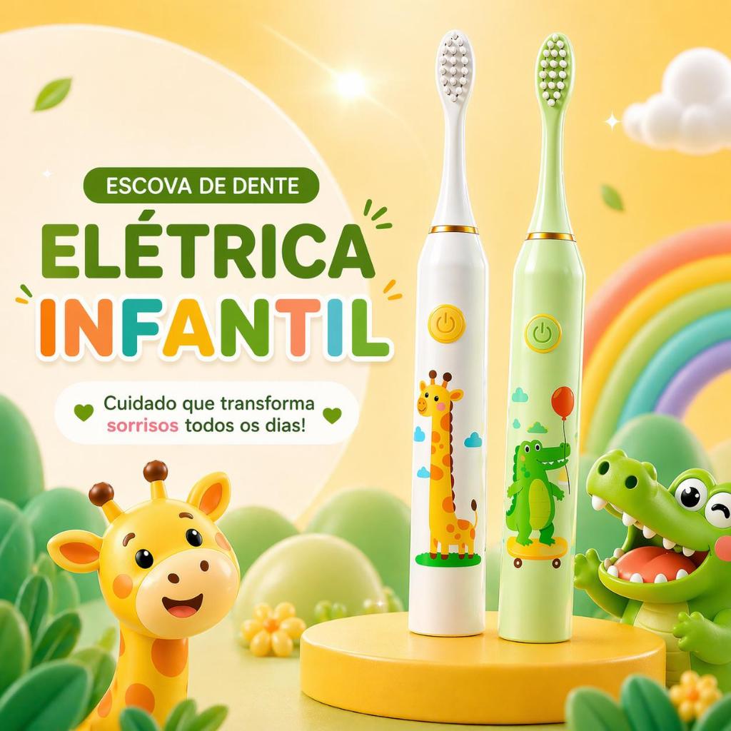 Escova de Dente Elétrica Infantil + 4 Refis Limpeza Suave Cerdas Macias à Prova D'Água Recarregável