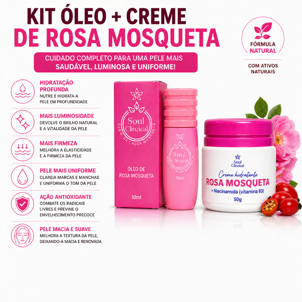 Oleo com creme clareador rosa mosqueta para olheiras manchas rugas e sinais da idade